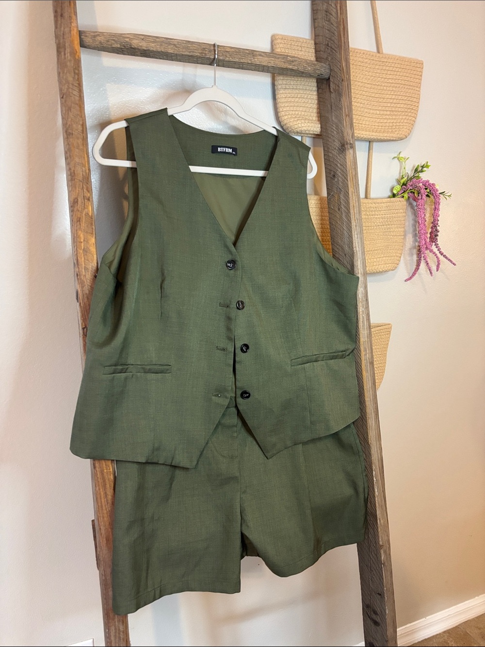 Women's Olive Green Tailored Vest & Shorts Set
